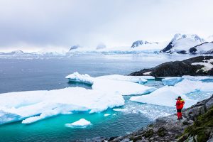 Un explorardor en la peninsula antartica mirando el mar, un paisaje de tundra antartica
