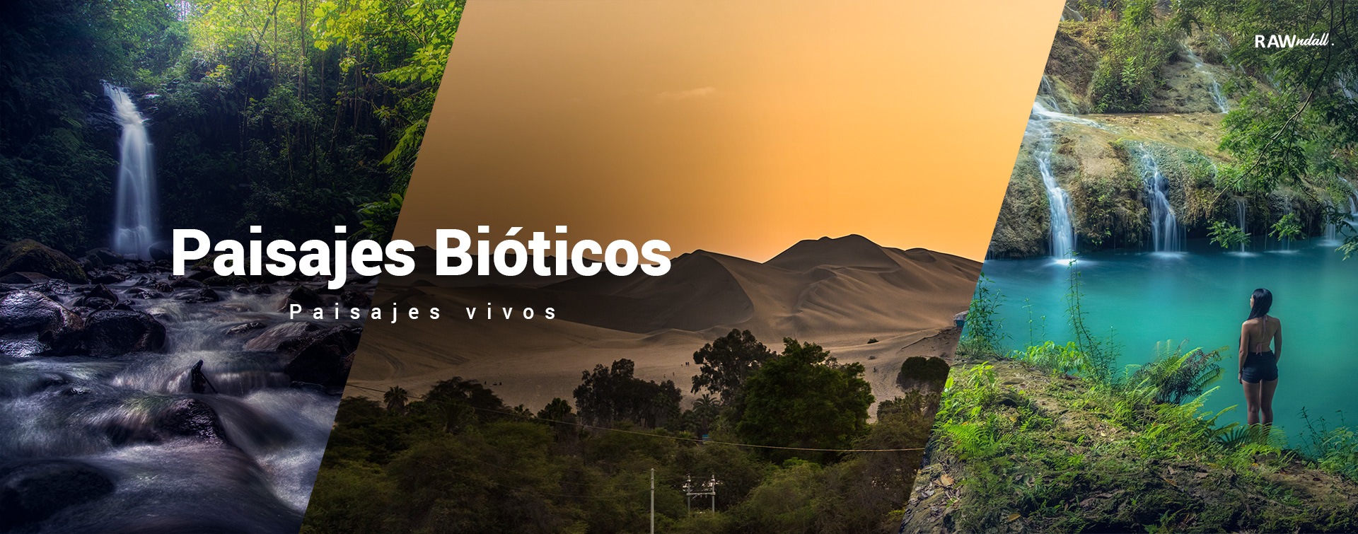 Tres fotos de paisajes bioticos, la primera es una catarata en Costa Rica, la segunda es un desierto en Peru y la tercera un rio en Guatemala.