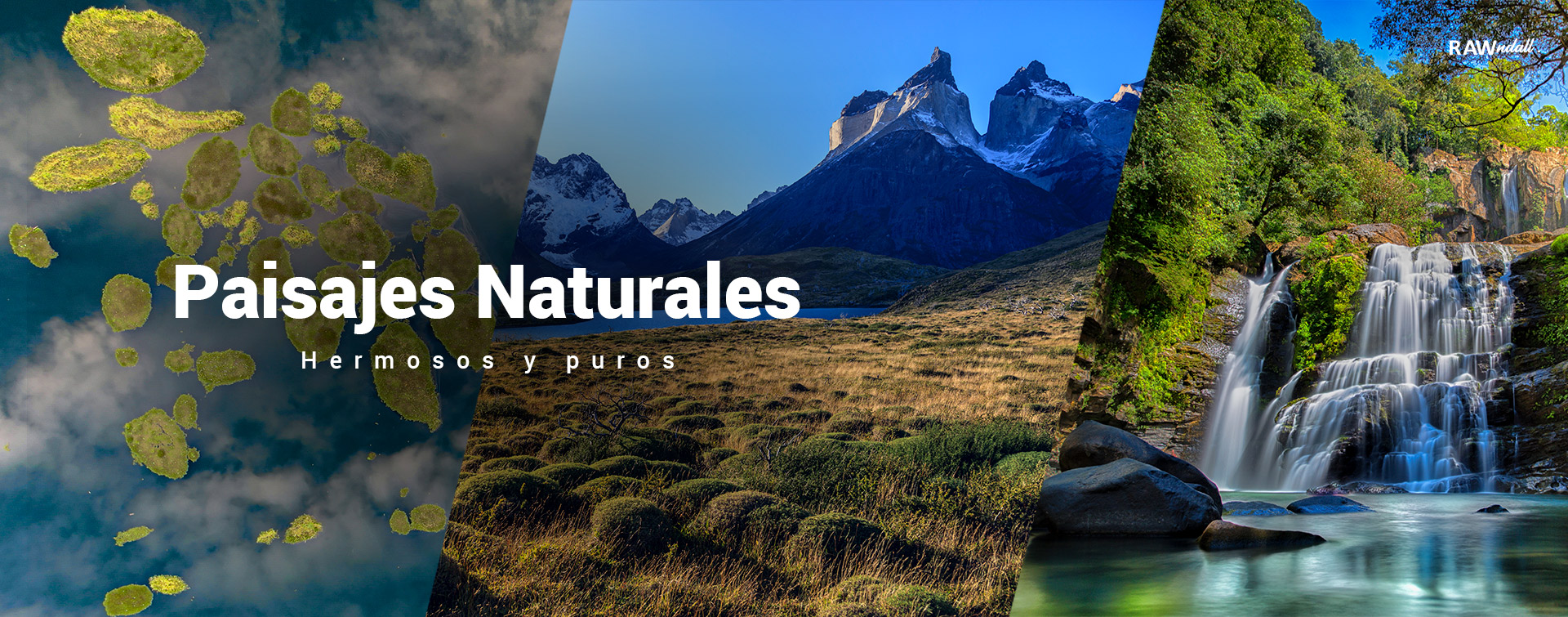 Conjunto de tres fotos de paisajes naturales, en la primera foto la laguna del hule en Costa Rica, en la segunda Cuernos del Paine en Chile y la tercera es una fotografía de las cataratas de Nauyaca en Costa Rica.