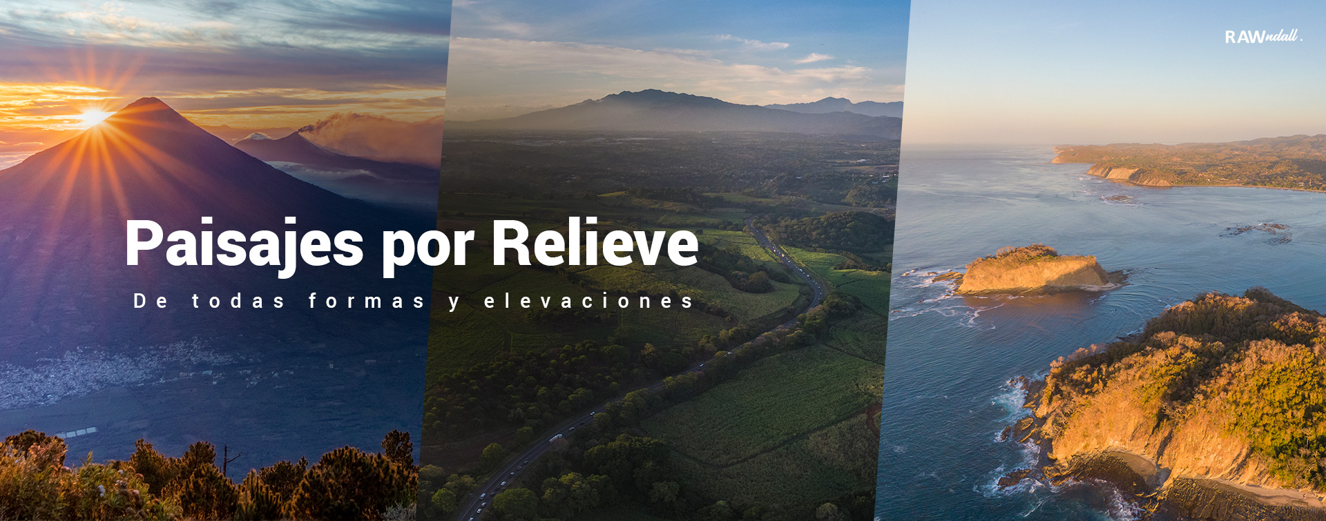 Conjunto de 3 fotos de paisajes por diferentes relieves, una de un volcán en Guatemala, otra de una montaña en el bosque tropical y la ultima de un pequeño archipiélago en Centro américa.