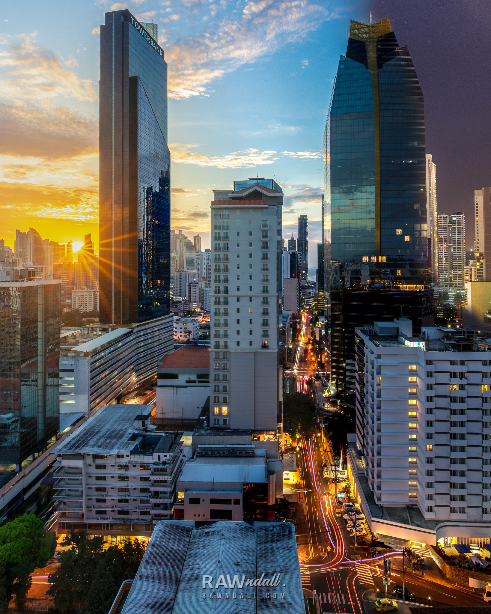 Paisaje urbano del día y la noche de ciudad de Panama.